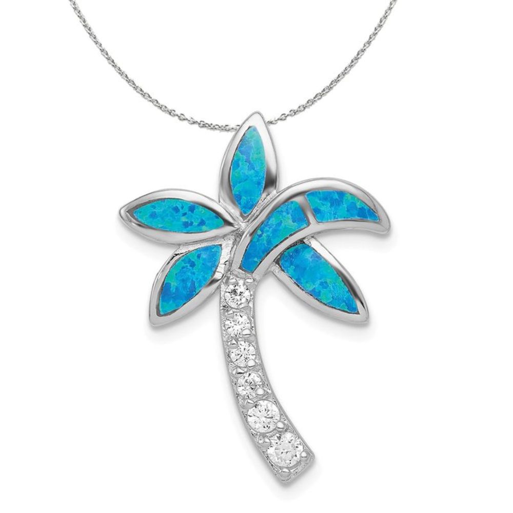 Silver, Created Opal and Cubic Zirconia Palm Tree Necklace - 20 In